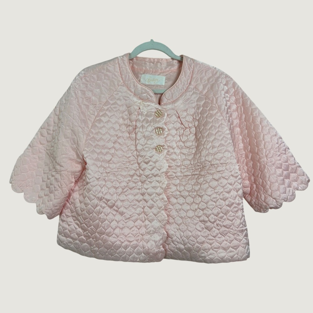 Vintage Barbizon Pink Quilted Bed Jacket Robe 3/4 Sleeve Satin Loungewear Bridal